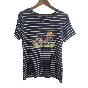 Karen Scott Striped Cotton Tee With Floral Bike Embroidery Navy/White Size M